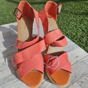 Xhilaration Coral Orange Open Peep Toe Sandals Strapped Wedge Heel Size 10